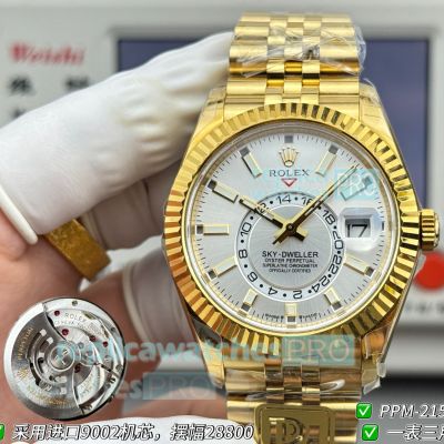 PPM Clone Gain Weight Yellow Gold Rolex Sky-Dweller Swiss 9002 Silver Face Watch 